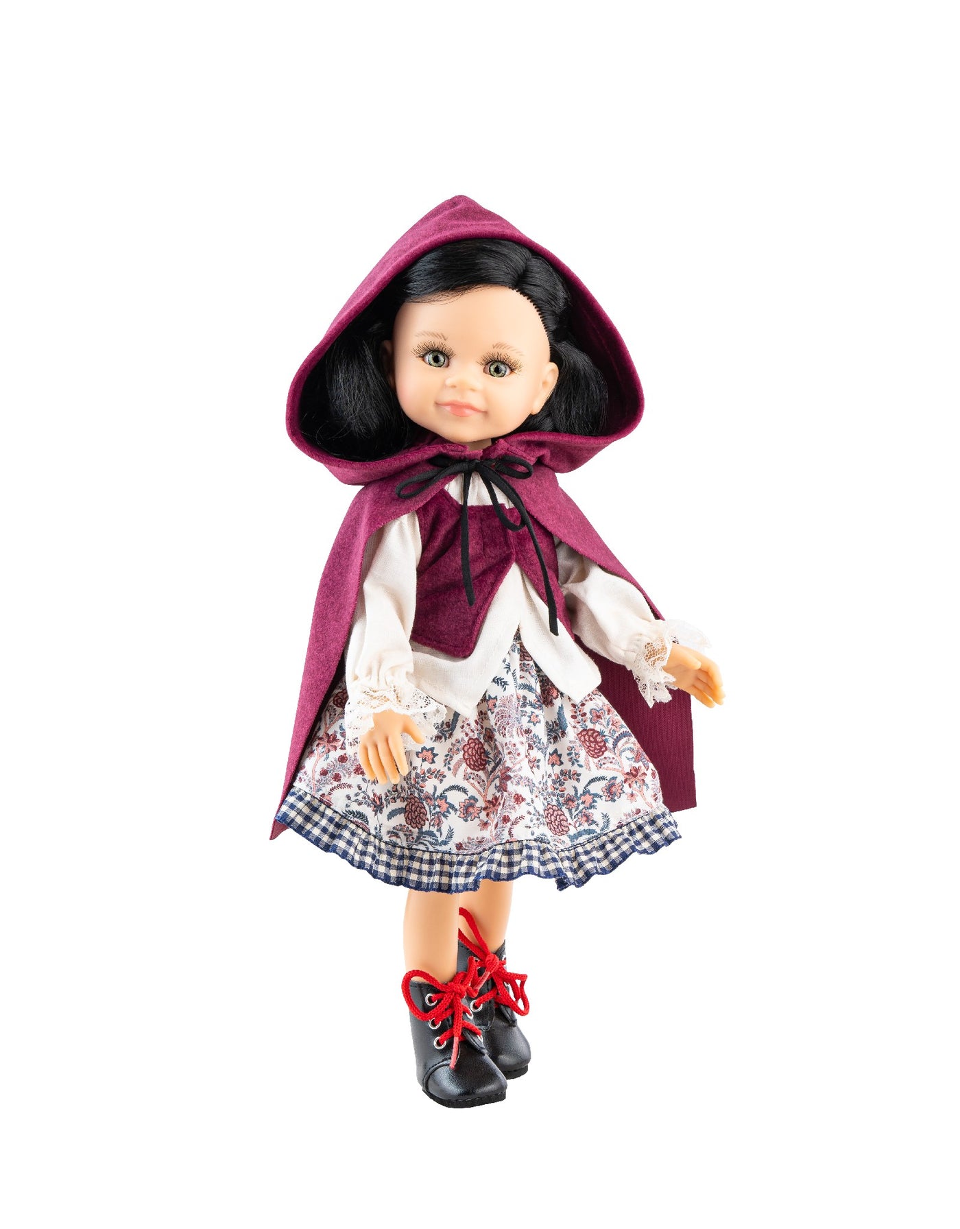 Poupée Las Amigas - Catherine en robe antique à fleurs blanches, cape bourgogne et bottes noires - Paola Reina