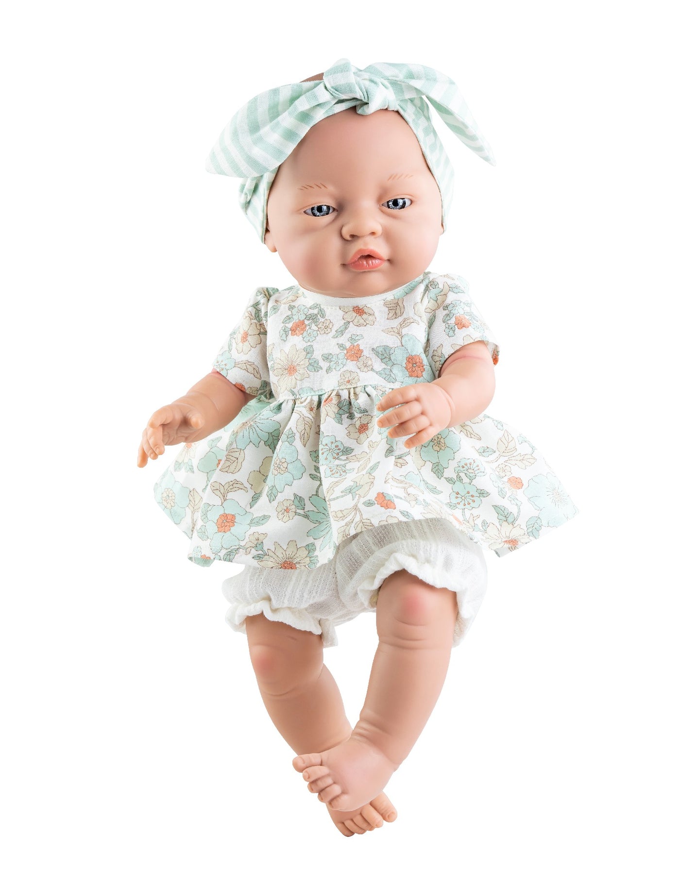 Poupée Los Bebitos - Bébé fille avec robe fleurie turquoise et bandeau doublé - Paola Reina