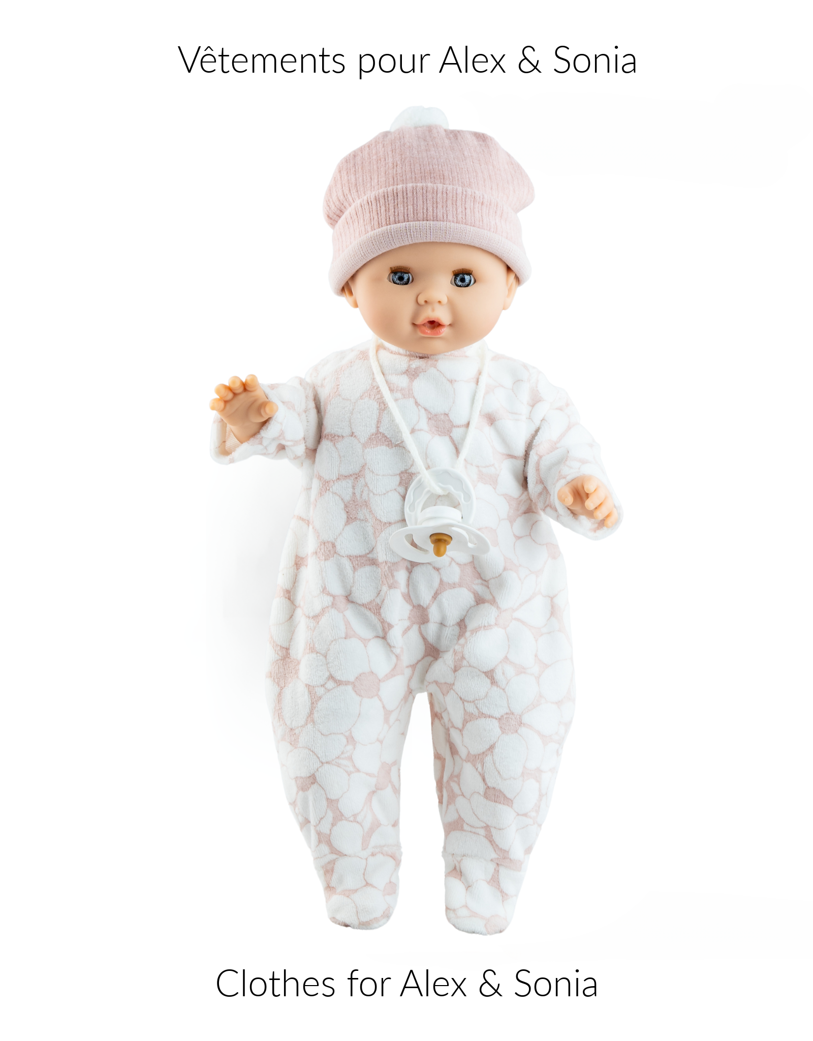 Alex & Sonia Doll Clothing Pink pyjamas with white flowers, hat and