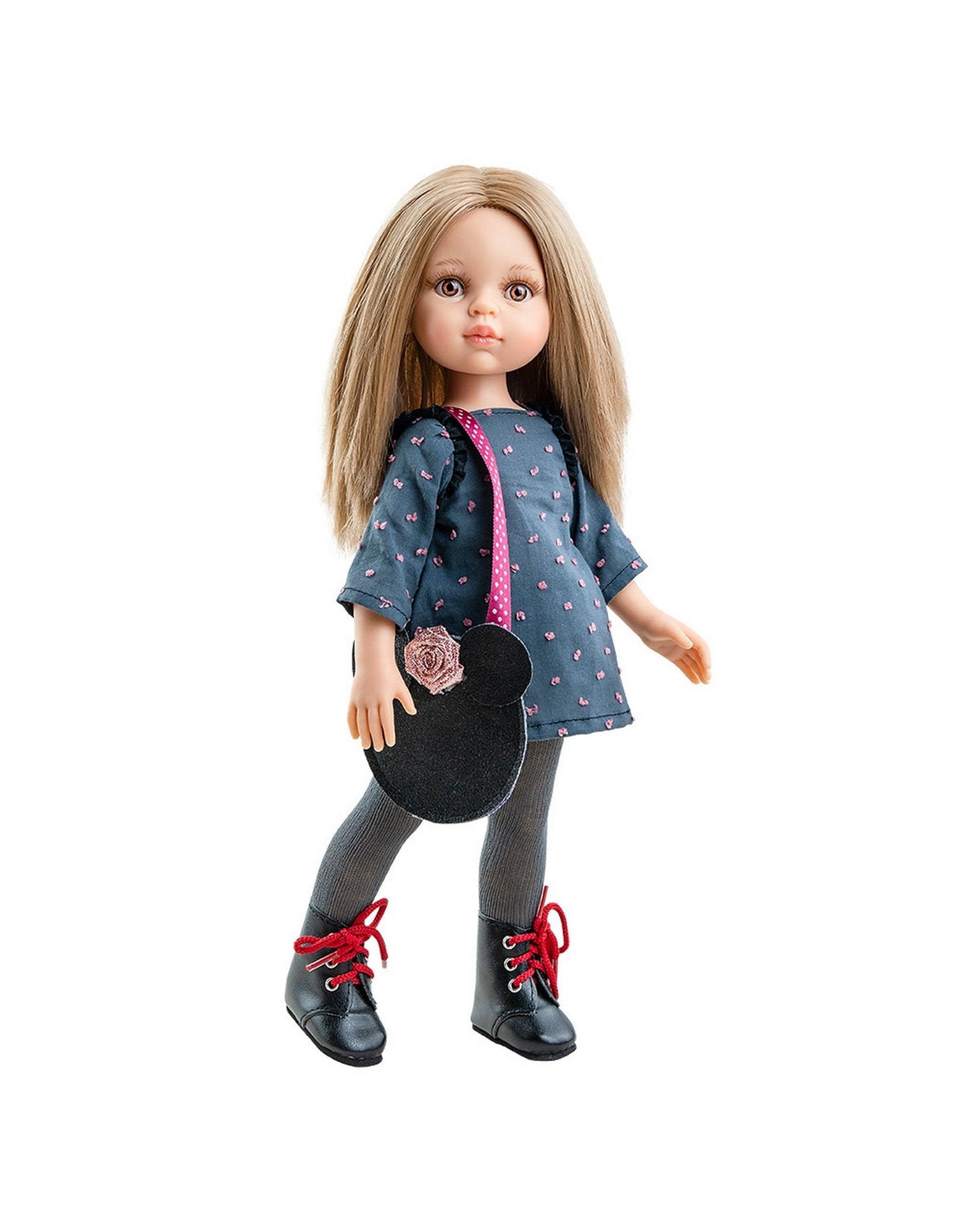 Poupée Las Amigas - Carla avec robe marine et rose et sac à main noir - Paola Reina